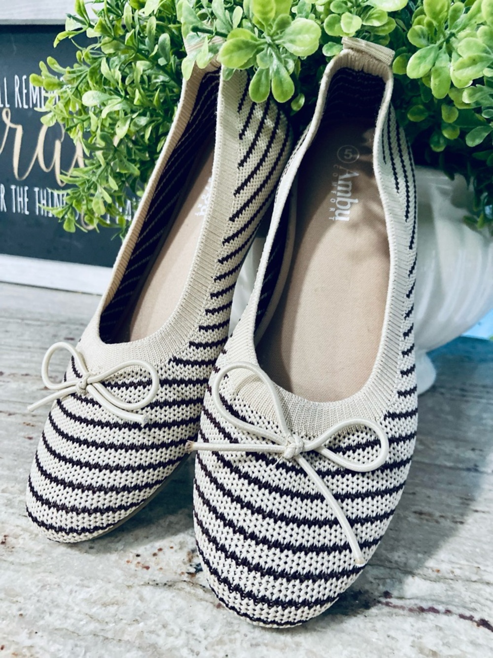 Knit Striped Ballet Flats in Cream and Black
